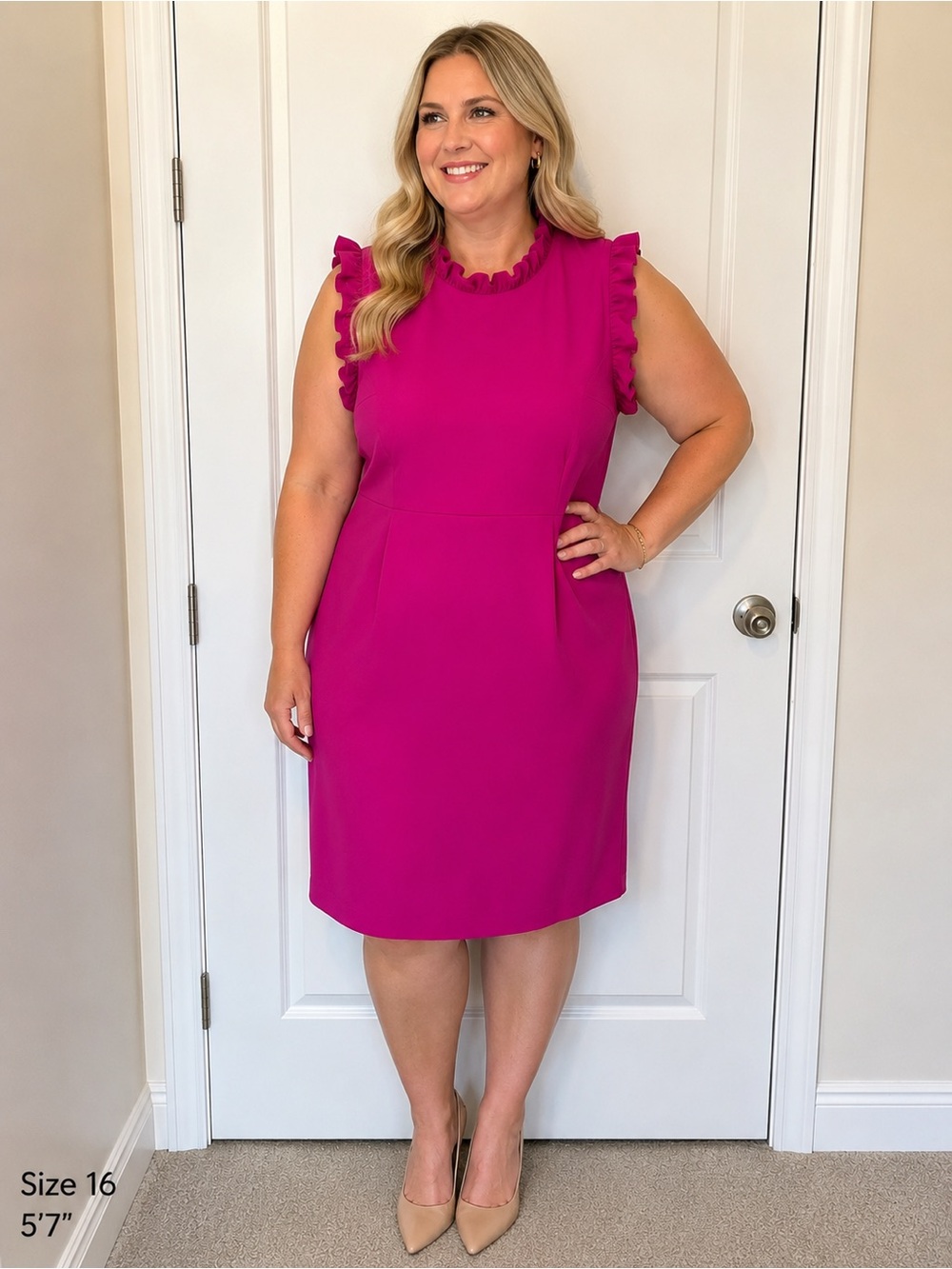 Size 16 Sandra Darren Sleeveless Ruffle-Trim Midi Dress in Bright Pink